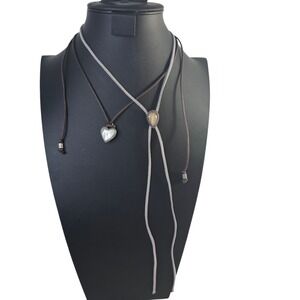 Lariat Necklace Brown Faux Suede Boho‎  and Silver Heart Western Necklace Women